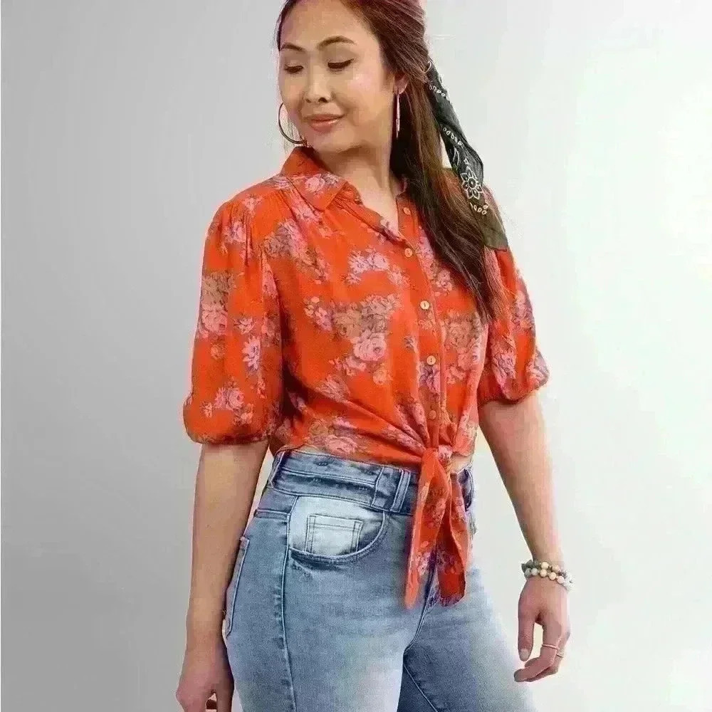 Free People Celia Floral Front Tie Blouse